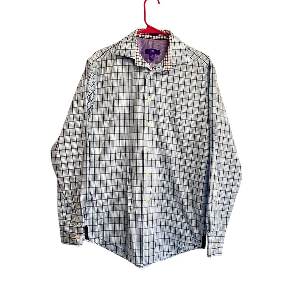 Egara Mens Plaid Dress Shirt Medium Blue Purple Long Sleeve Button Up